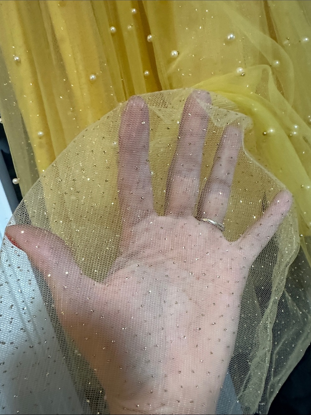 Vintage Yellow Pearl-Embellished Tulle Glitter Skirt - Picture 6 of 7
